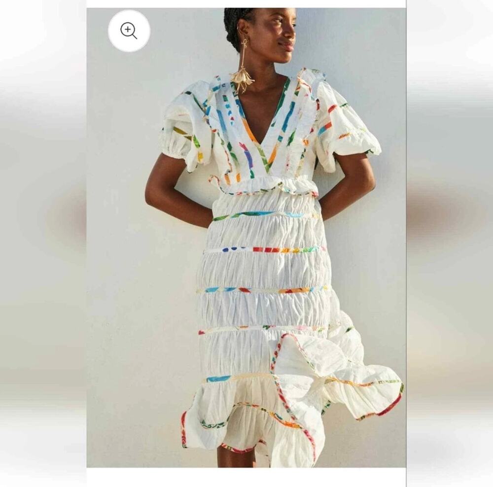 Farm Rio Mixed Off-White Prints Midi Dress Multicolor V-Neck Ruffle  M